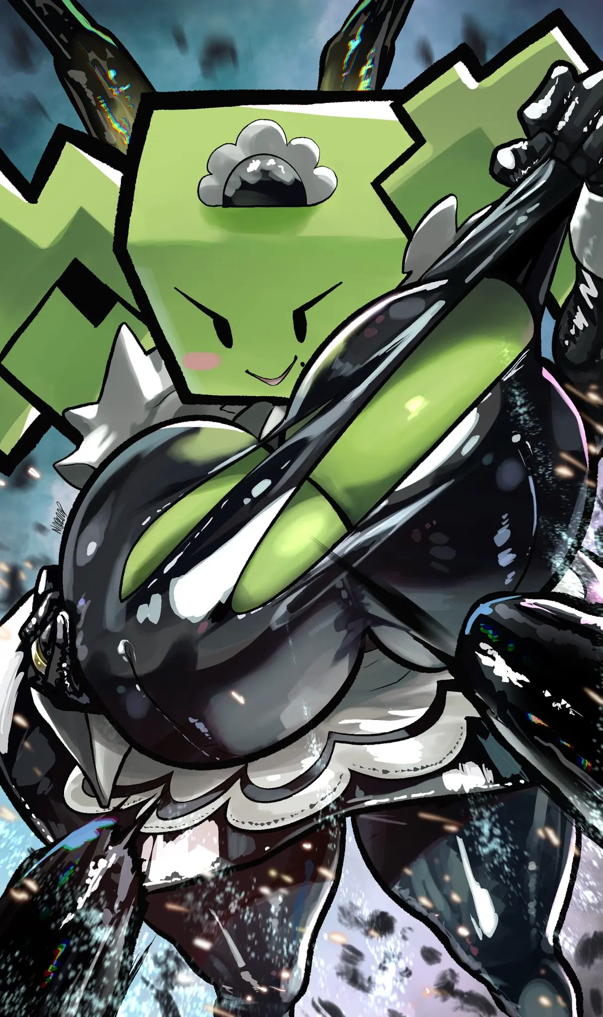 Image 1girls,blush,breasts,clothed,female,female_only,looking_at_viewer,smile,solo,big_ass,female_focus,clothed_female,solo_female,huge_breasts,green_skin,one_eye_closed,mole,mario_(series),nintendo,maid,maid_uniform,nipples_visible_through_clothing,mole_under_mouth,teasing,erect_nipples,nipple_bulge,boob_window,hand_on_breast,ripped_clothing,noblood,ryandomonica,rubber,rubber_suit,paper_mario,super_paper_mario,mimi_(super_paper_mario)