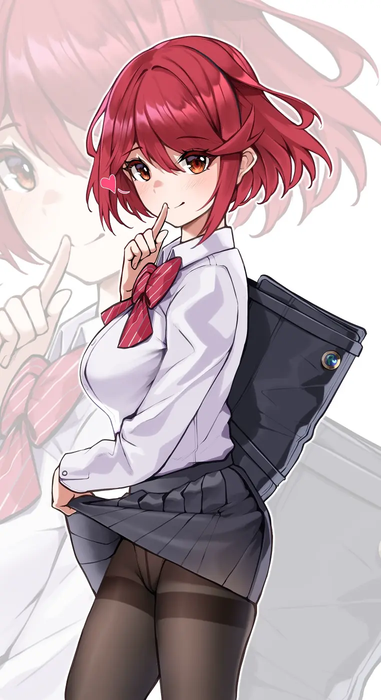 Image 1girls,bow,breasts,female,large_breasts,looking_at_viewer,red_eyes,shirt,short_hair,red_hair,school_uniform,nintendo,skirt,white_shirt,pyra,xenoblade_(series),xenoblade_chronicles_2,pantyhose,black_skirt,button_down_shirt,school_bag,matrix16