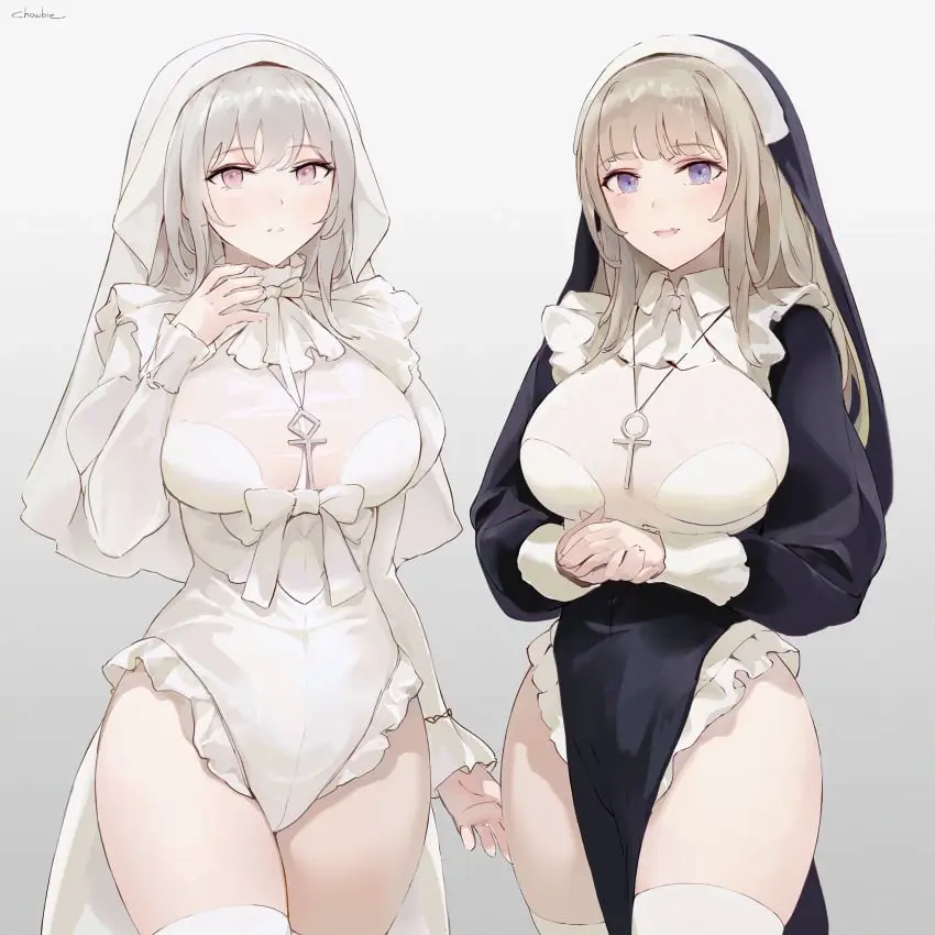 Image breasts,female,grey_hair,large_breasts,long_hair,looking_at_viewer,2girls,blue_eyes,thighhighs,dress,original,purple_eyes,necklace,black_dress,leotard,white_leotard,cross_necklace,nun,nun_outfit,nun's_habit,leotard_under_clothes,chowbie