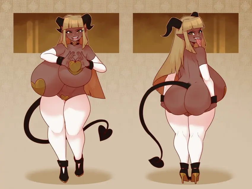 Image 1girls,brown_eyes,female,female_only,long_hair,looking_at_viewer,solo,bangs,blunt_bangs,tail,thighhighs,tongue_out,choker,demon_tail,ass,big_ass,thick_thighs,dark_skin,smiling,smiling_at_viewer,horns,thick_ass,demon,pointy_ears,brown_hair,dark-skinned_female,topless,demon_girl,demon_horns,sharp_teeth,heels,pasties,2024,commission,armwear,long_tongue,succubus,heart_choker,nipple_pasties,pussy_pasty,white_thighhighs,heart_pasties,very_high_resolution,nipple_play,white_armwear,heart_hands,dabble