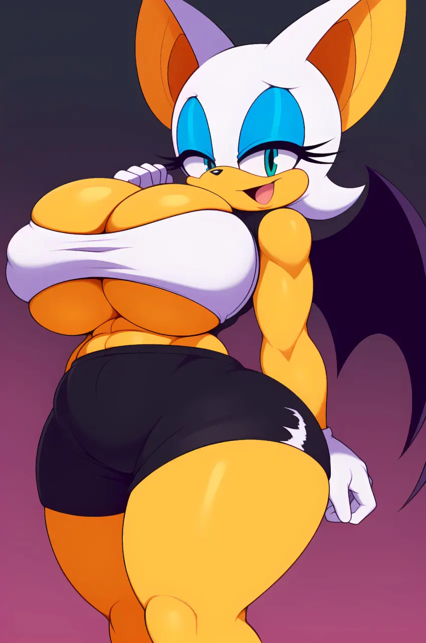 Image breasts,female,looking_at_viewer,open_mouth,simple_background,smile,solo,thick_thighs,muscular,ai_generated,sportswear,eyelashes,solo_female,solo_focus,huge_breasts,anthro,gradient_background,white_gloves,black_shorts,sonic_(series),sonic_the_hedgehog_(series),abs,muscular_female,gym_uniform,bat_wings,hand_on_breast,bat,rouge_the_bat,tummy,bursting_breasts,teal_eyes,fake_breasts,tubetop,blue_eyeshadow,leaning_back,stretched_clothing,virtuai