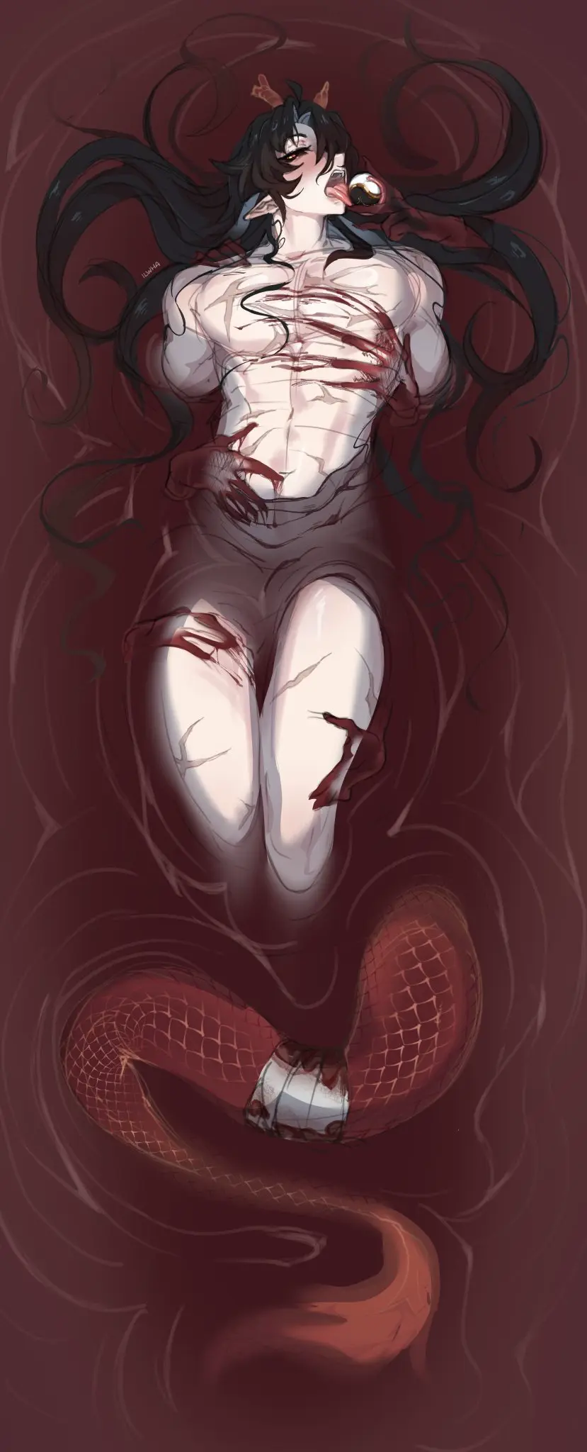 Image solo,1boy,male,nude,solo_focus,blood,solo_male,scar,pool,dragon,honkai:_star_rail,dragon_tail,in_water,blade_(honkai:_star_rail),ilewdha