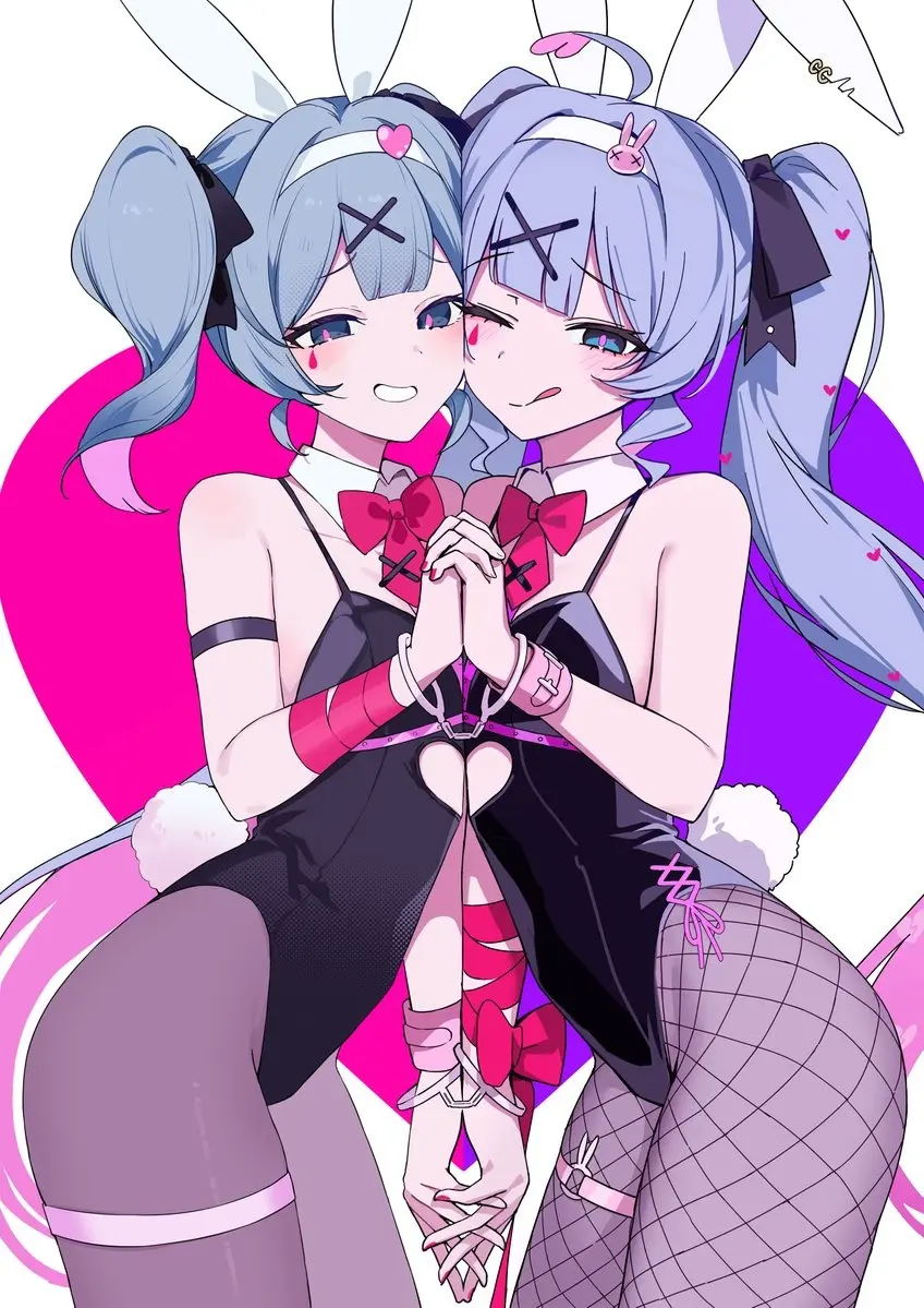 Image blush,bow,cowboy_shot,female,hair_ornament,long_hair,looking_at_viewer,smile,2girls,animal_ears,blue_eyes,blue_hair,blunt_bangs,multiple_girls,tail,tongue_out,tongue,aqua_hair,bare_shoulders,grin,one_eye_closed,rabbit_ears,ahoge,medium_hair,detached_collar,twintails,furrowed_brow,ribbon,breast_press,fishnets,playboy_bunny,holding_hands,hatsune_miku,vocaloid,leotard,flat_chest,collaboration,cuffs,pantyhose,bowtie,bound,bound_wrists,hearts,red_ribbon,armband,twitter_username,rabbit_tail,black_pantyhose,black_leotard,handcuffs,clone,fishnet_pantyhose,red_bowtie,twitter_link,x_hair_ornament,red_bow,heart_ahoge,symmetrical_docking,clothing_cutout,dual_persona,purple_pantyhose,teardrop_facial_mark,heart_background,rabbit_hole_(vocaloid),stomach_cutout,rabbit_hole_(deco*27/caststation),rabbit_hair_ornament,pink_pupils,thigh_belt,side-by-side,halftone,heart_hair_ornament,halftone_dots,heart_hairband,omutatsu,squinting,wrist_ribbon,x_x