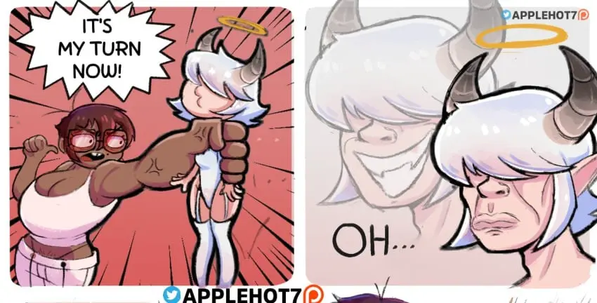 Image breasts,female,2girls,cleavage,eyelashes,happy,glasses,huge_breasts,dark-skinned_female,demon_girl,comic,yuri,vein,imminent_sex,cartoony,applehot,mara_(applehot),jane_(applehot)