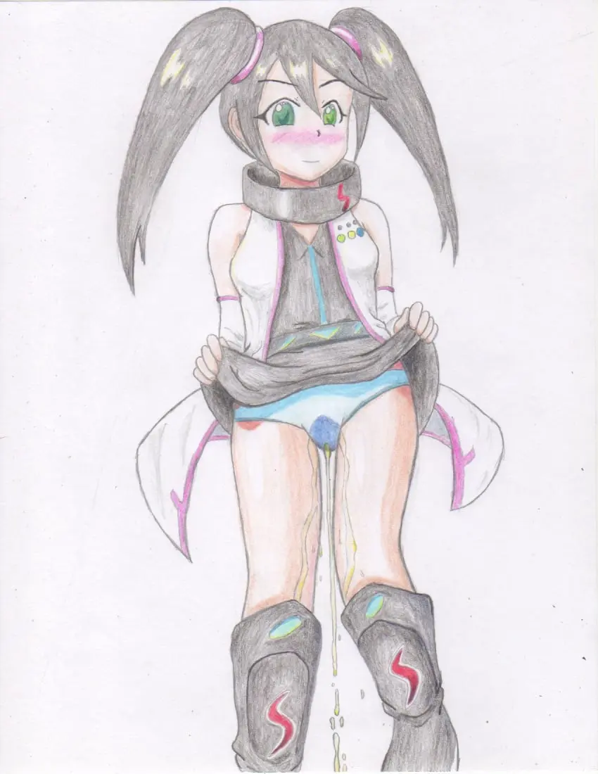 Image 1girls,blush,breasts,female,long_hair,black_hair,choker,panties,hairband,green_eyes,medium_breasts,twintails,sleeveless_dress,skirt,heterochromia,2024,sega,fully_clothed,boots,skirt_lift,peeing,peeing_self,coat,urine_stream,urination,sleeveless_jacket,omocommando,sega_hard_girls,sega_saturn_(sega_hard_girls),urine_on_legs
