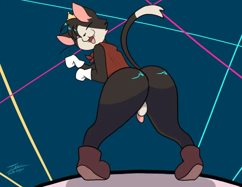 Image clothing,hi_res,solo,male,tail,ass,male_only,headgear,anthro,closed_eyes,animated,footwear,fur,mammal,black_body,cape,final_fantasy,final_fantasy_vii,feline,white_body,boots,white_fur,felid,domestic_cat,felis,crown,square_enix,black_fur,shaking_butt,prate-dragon,cait_sith_(ff7),nya