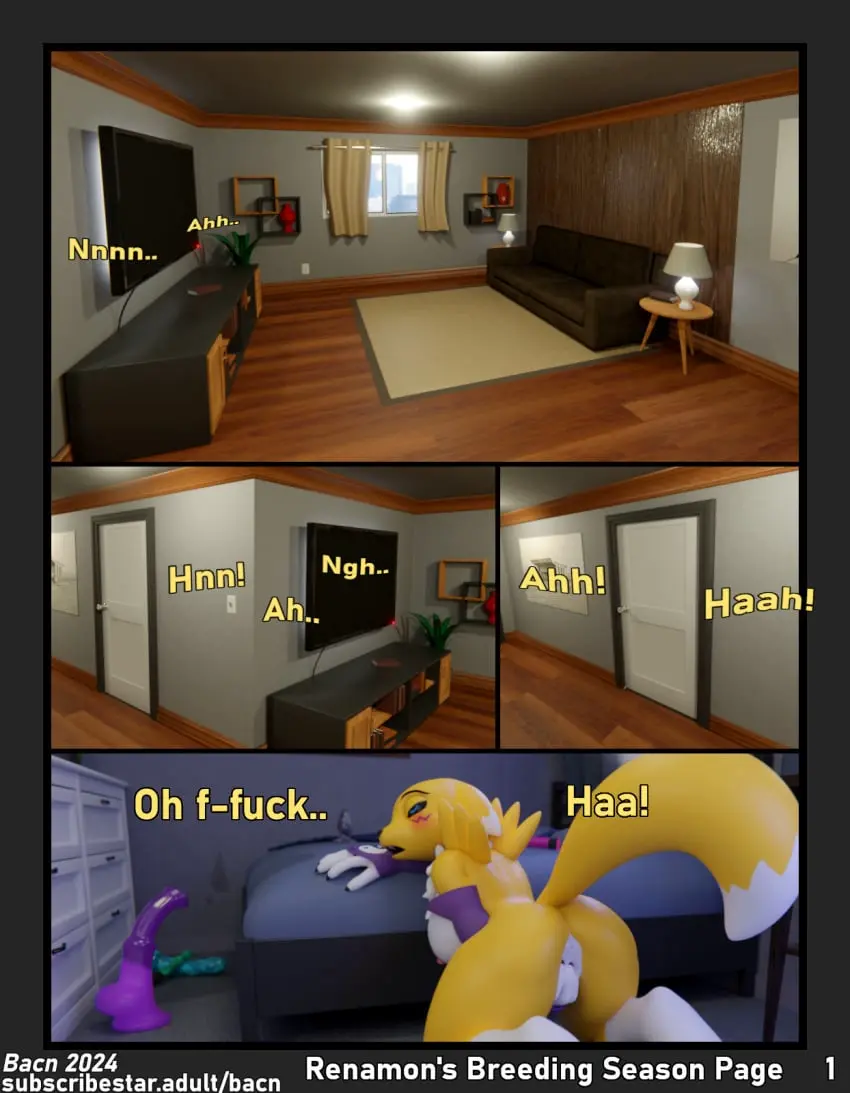 Image blush,breasts,clothed,clothing,female,hi_res,open_mouth,solo,anthro,text,vaginal_penetration,bed,3d,comic,masturbation,bodily_fluids,canid,canine,fur,genitals,inside,mammal,dialogue,sex_toy,claws,yellow_body,fingering,dildo,english_text,partially_clothed,comic_panel,2024,white_body,electronics,furniture,bandai_namco,digimon,digimon_(species),fox,plant,renamon,profanity,detailed_background,white_fur,armwear,moan,equine_dildo,black_sclera,finger_fuck,animal_dildo,animal_sex_toy,page_number,vaginal_masturbation,page_1,television,bacn,renamon_(bacn)