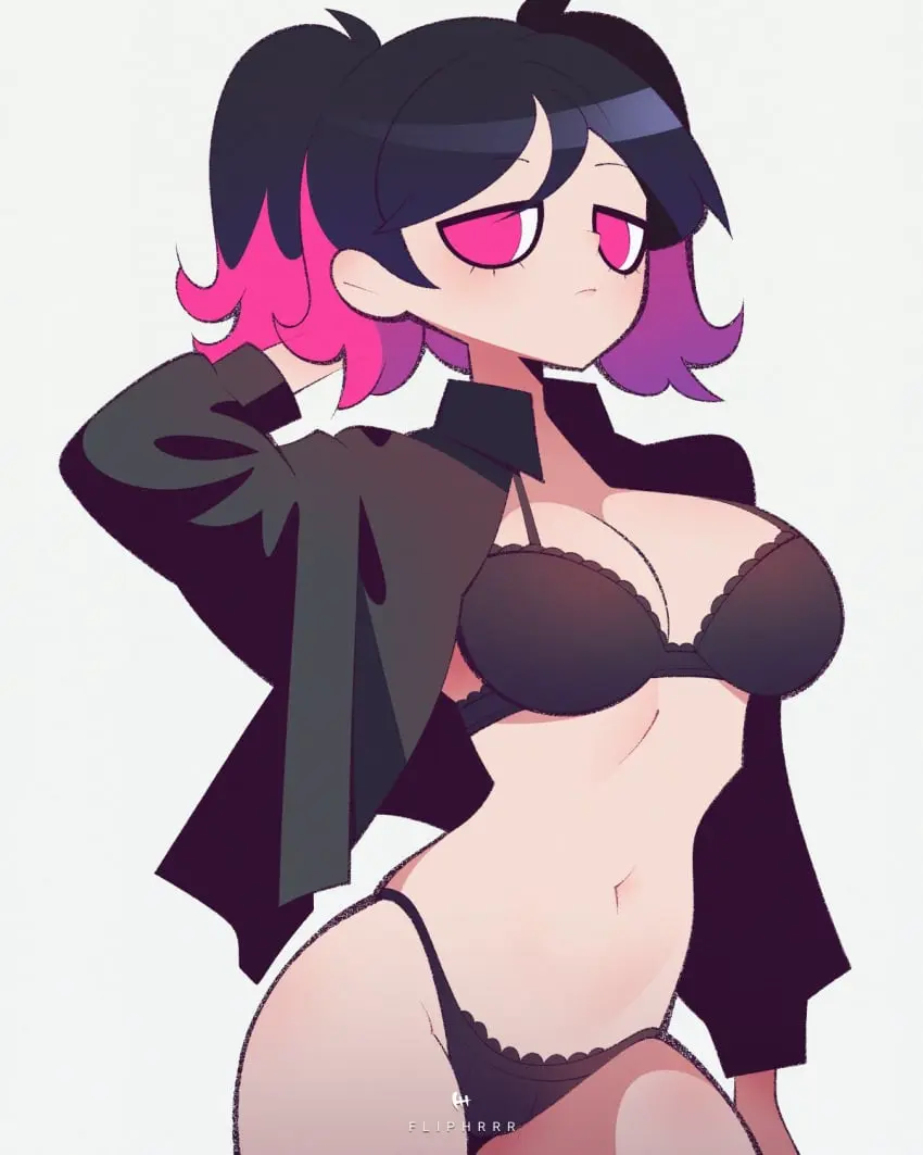 Image big_breasts,breasts,female,simple_background,white_background,bra,underwear,curly_hair,thighs,lingerie,pink_eyes,original,original_character,twintails,jacket,seductive_pose,colorful_hair,edith_(fliphrrr),flipherrrr,fliphrrr