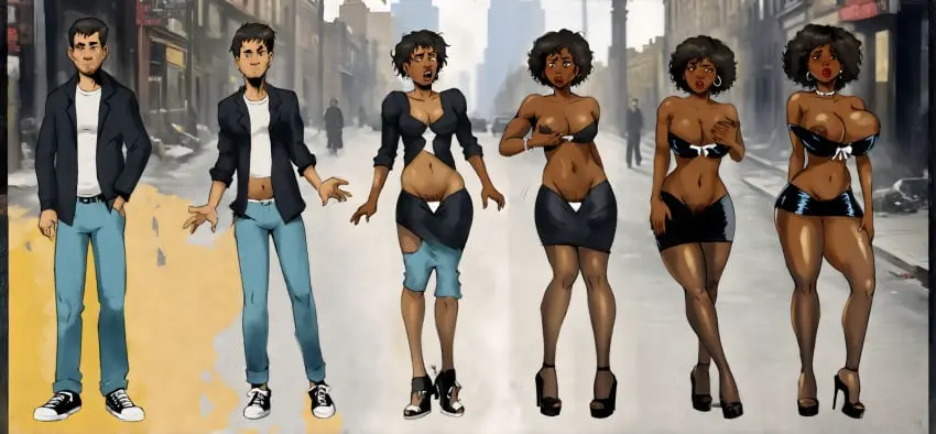 Image 1girls,breasts,female,nipples,1boy,male,huge_ass,thick_thighs,wide_hips,ai_generated,huge_breasts,dark-skinned_female,bimbo,high_heels,transformation,ass_expansion,breast_expansion,gender_transformation,hair_growth,mtf_transformation,bimbo_body,thigh_expansion,ebonization,lip_expansion,race_swap,bimbofication,bimbofied,nebtfulous