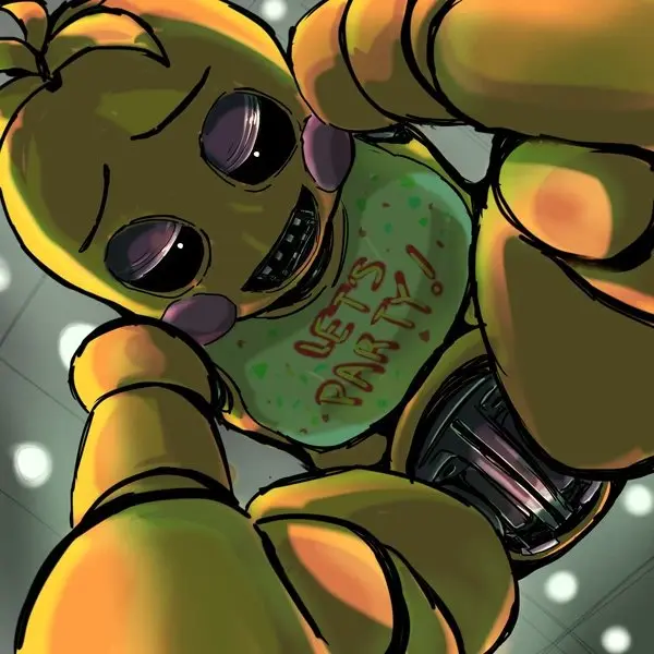 Image female,looking_at_viewer,shiny_skin,solo,cowgirl_position,no_panties,dominant_female,yellow_skin,looking_down_at_viewer,five_nights_at_freddy's,bib,no_underwear,five_nights_at_freddy's_2,toy_chica_(fnaf),white_pupils,up_close,possessed,viewer_perspective,joints,ultimate_custom_night,haunted,plastic