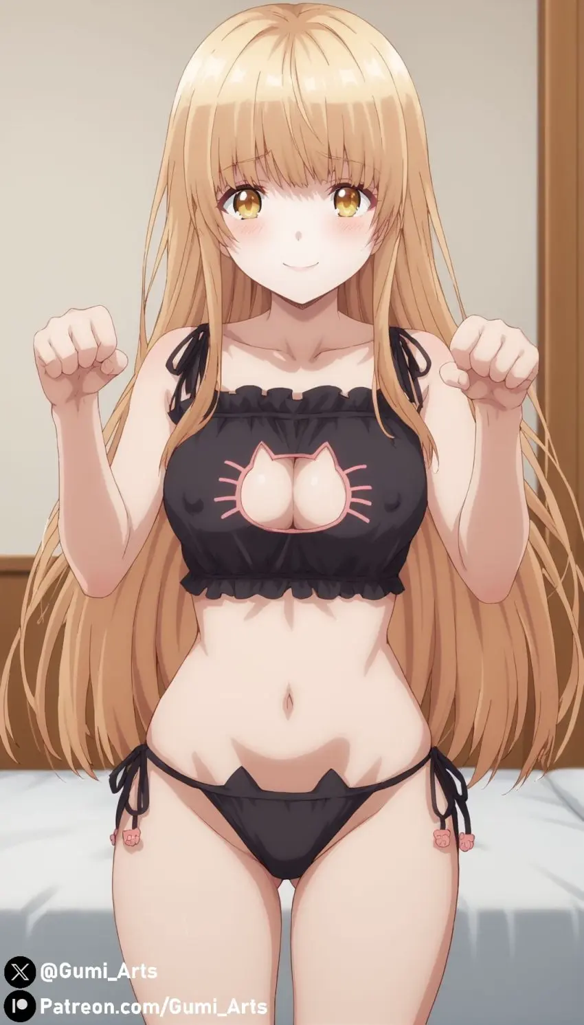 Image 1girls,blush,breasts,female,long_hair,looking_at_viewer,smile,solo,standing,yellow_eyes,thick_thighs,shy,ai_generated,covered_nipples,blonde_hair,medium_breasts,stable_diffusion,cleavage_cutout,bed,indoors,bedroom,cat_lingerie,gumi_arts,paw_pose,otonari_no_tenshi-sama_ni_itsu_no_mani_ka_dame_ningen_ni_sarete_ita_ken,shiina_mahiru