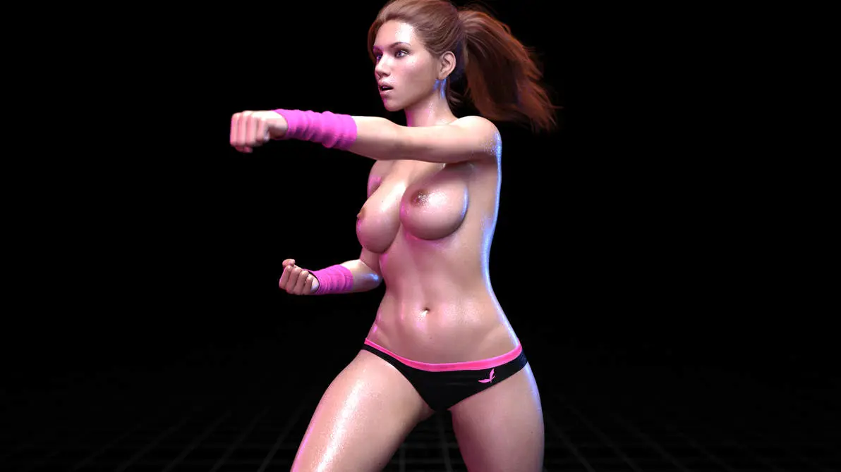 Image 1girls,female,panties,ponytail,original,brown_hair,3d,black_panties,topless,topless_female,workout,ironclawroo,workout_girl_(ironclawroo)