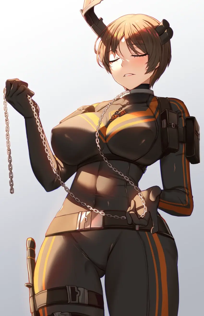 Image 1girls,big_breasts,blush,breasts,clothing,female,standing,short_hair,thick_thighs,brown_hair,closed_eyes,5_fingers,bodysuit,erect_nipples,sheath,chains,rule_63,armor,png,library_of_ruina,project_moon,rudolph_(library_of_ruina)