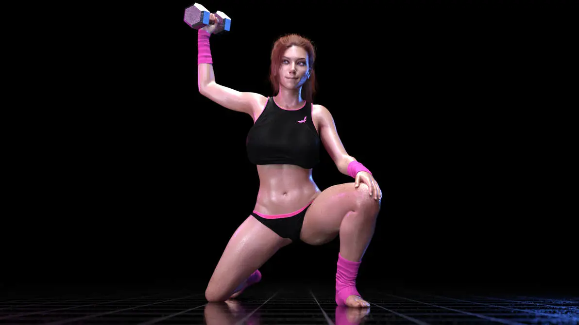 Image 1girls,female,panties,original,brown_hair,3d,black_panties,crop_top,workout,dumbbell,ironclawroo,workout_girl_(ironclawroo)