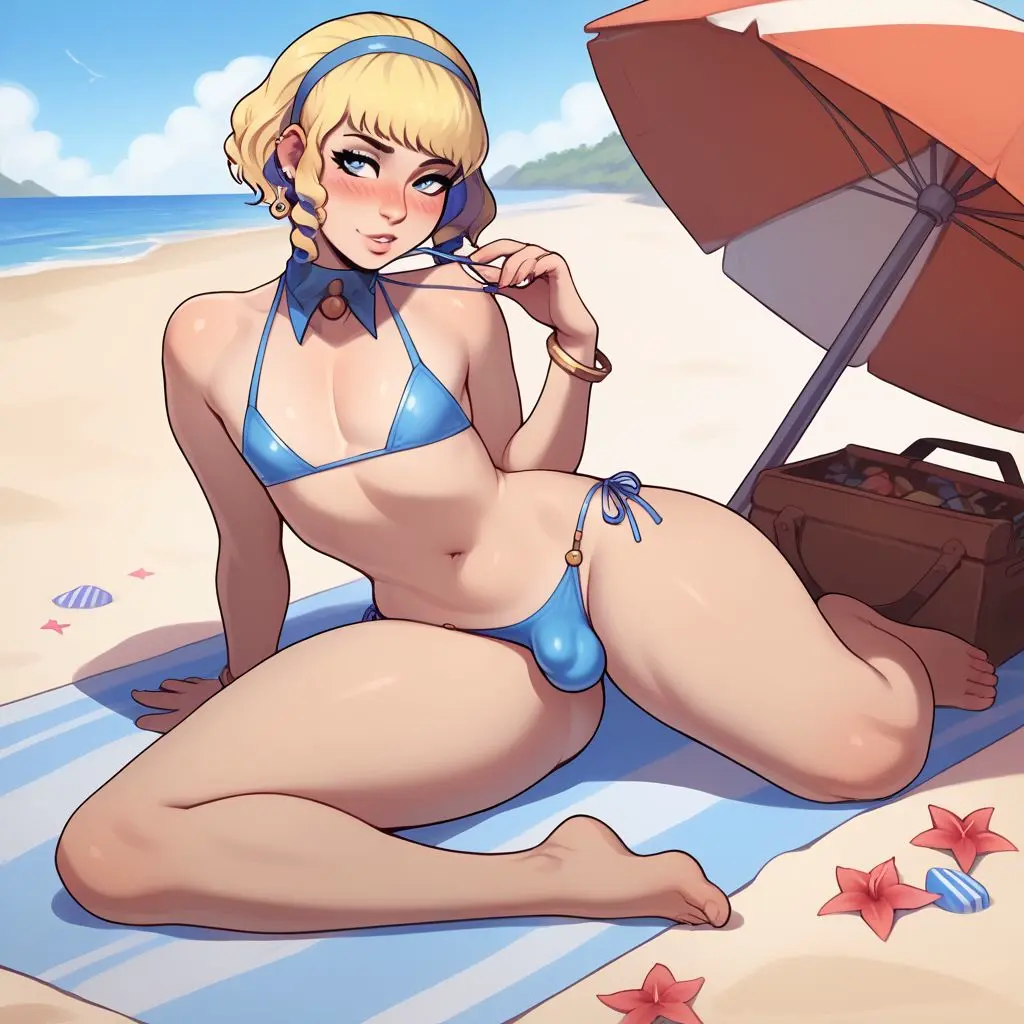 Image male, bikini, futanari, intersex, beach, ai_generated, femboy, bulge, fire_emblem, bulge_through_clothing, civitai, constance_von_nuvelle