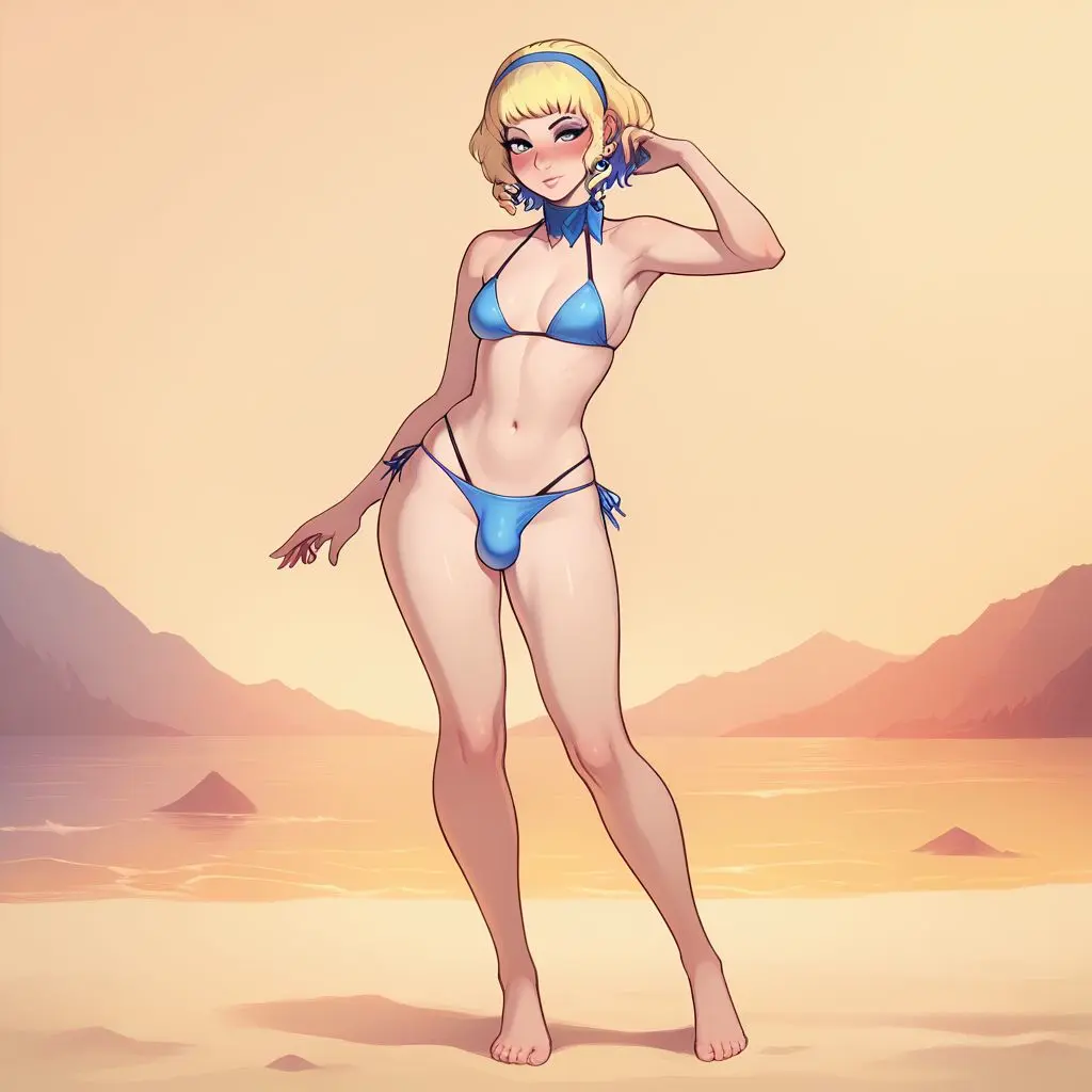 Image breasts, bikini, small_breasts, 1futa, futanari, intersex, beach, ai_generated, bulge, dickgirl, fire_emblem, bulge_through_clothing, civitai, constance_von_nuvelle