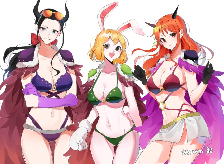 Image breasts,female,female_only,large_breasts,long_hair,looking_at_viewer,red_eyes,black_hair,blue_eyes,gloves,navel,short_hair,bikini,earrings,one_piece,orange_eyes,horns,midriff,nami_(one_piece),orange_hair,post-timeskip,anthro,blonde_hair,sunglasses_on_head,swimsuit,miniskirt,skirt,cape,3girls,rabbit,sunglasses,purple_bikini,green_bikini,white_skirt,rabbit_girl,nico_robin,red_bikini,bikini_armor,beast_pirates_(cosplay),beast_pirates,carrot_(one_piece),purple_swimsuit,shoulder_armor,red_swimsuit,joman,saram_80,green_swimsuit