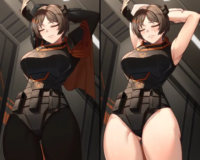 Image 1girls,big_breasts,blush,breasts,female,sweat,thick_thighs,armpits,brown_hair,closed_eyes,cape,reindeer_antlers,glistening,bodysuit,rule_63,armor,arms_behind_back,library_of_ruina,project_moon,chestplate,rudolph_(library_of_ruina)