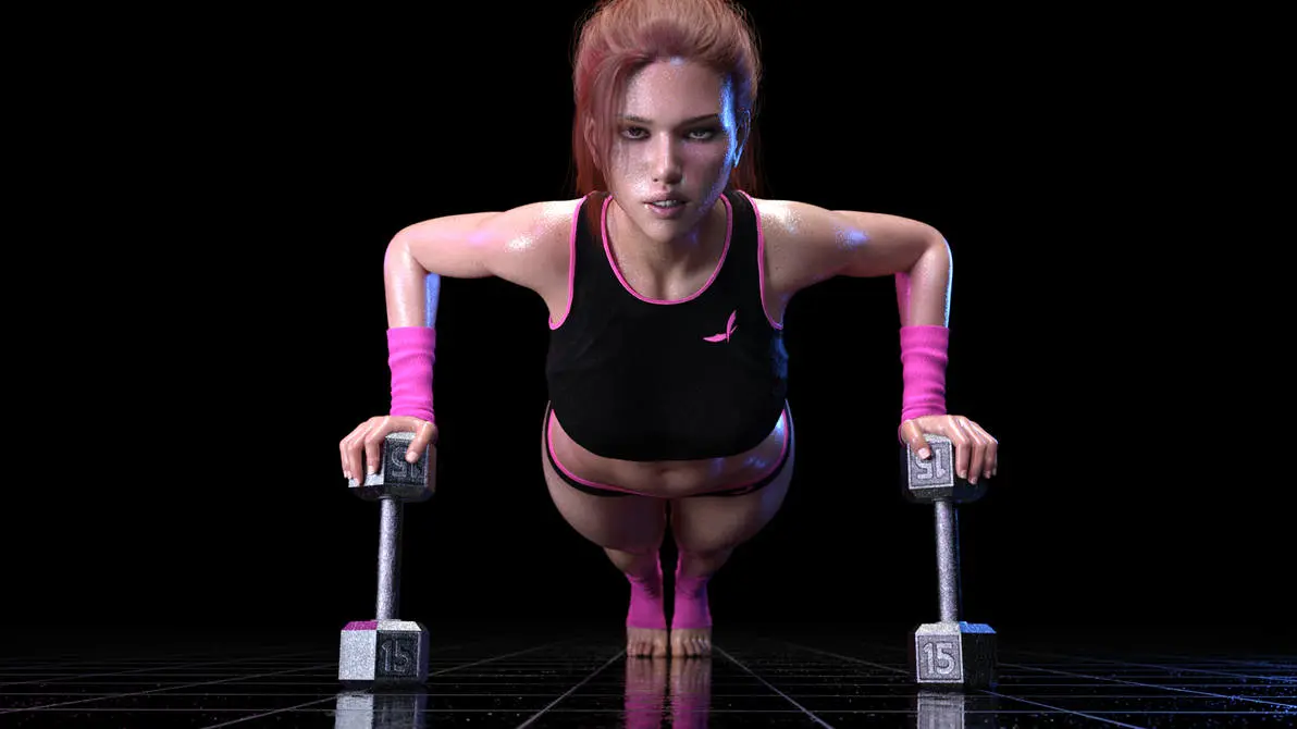 Image 1girls,female,panties,midriff,original,brown_hair,3d,crop_top,workout,dumbbell,ironclawroo,workout_girl_(ironclawroo)