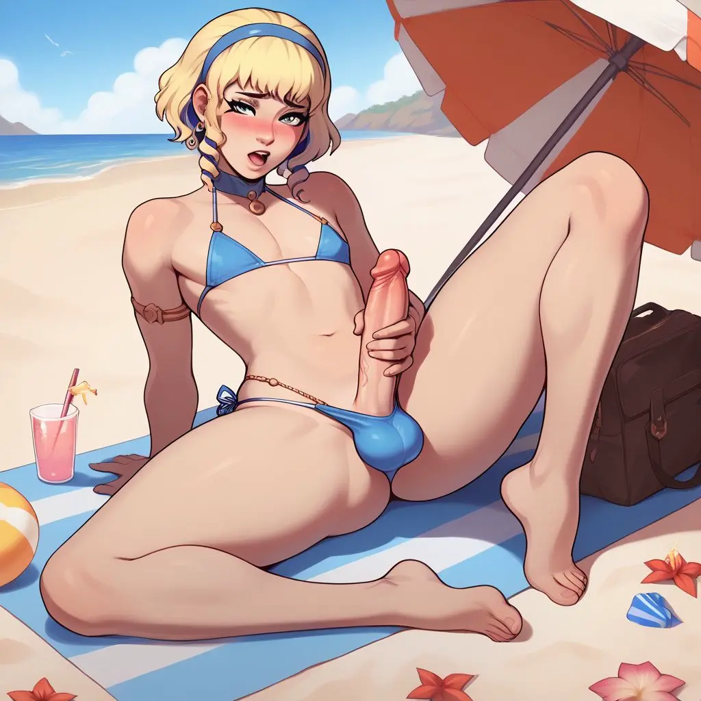 Image male, penis, bikini, erection, futanari, intersex, beach, ai_generated, femboy, bulge, masturbation, fire_emblem, large_penis, bulge_through_clothing, civitai, constance_von_nuvelle