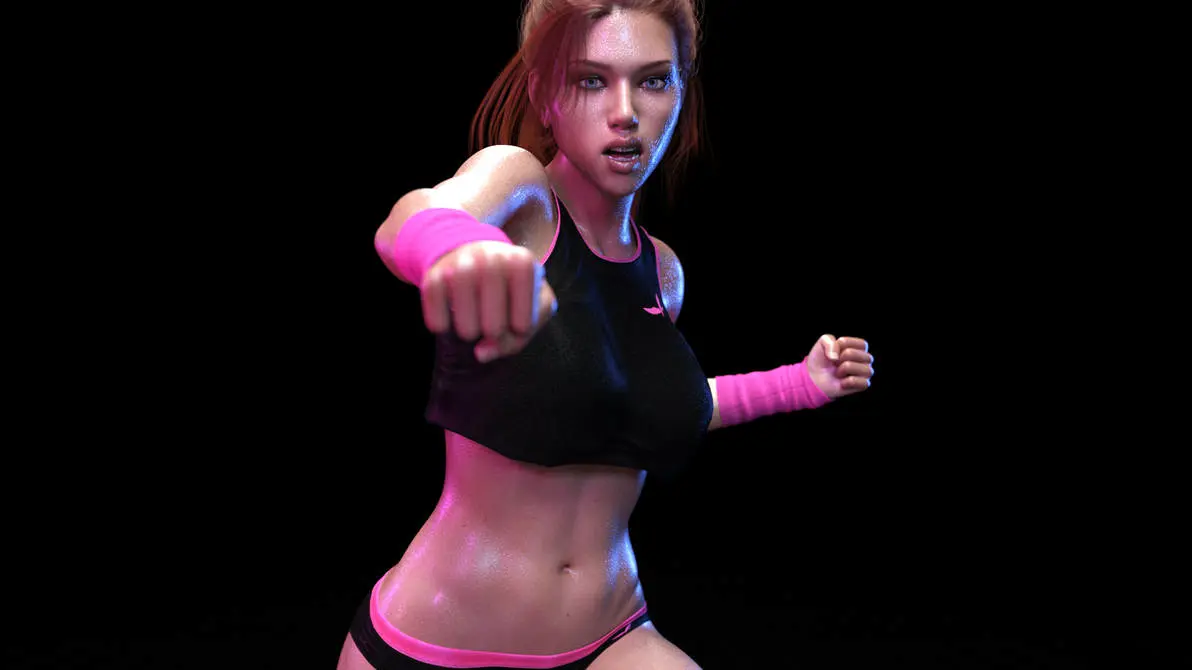 Image 1girls,female,midriff,original,brown_hair,3d,crop_top,arm_warmers,ironclawroo,workout_girl_(ironclawroo)