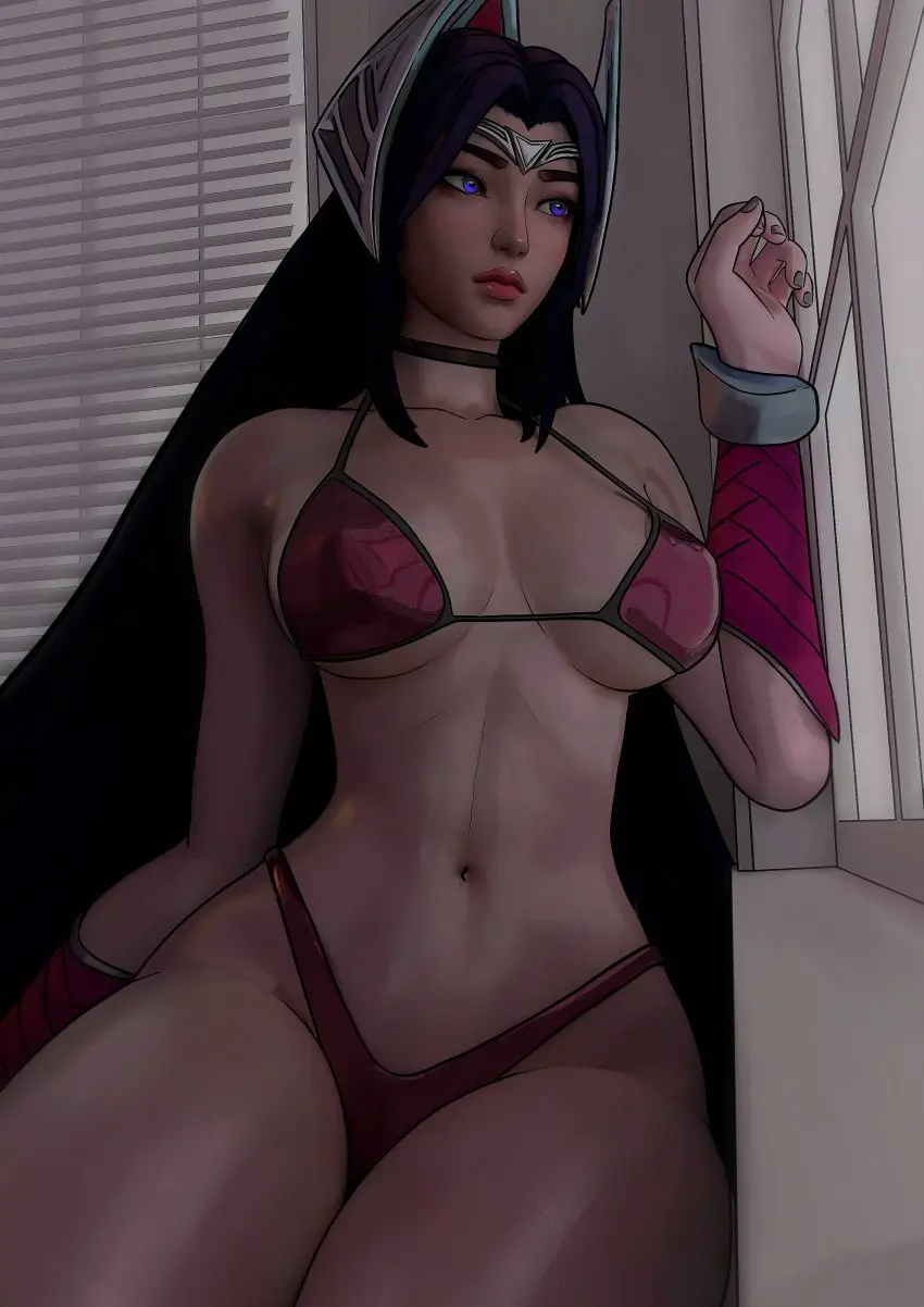 Image 1girls,clothed,female,female_only,long_hair,solo,blue_eyes,navel,choker,bikini,underwear,athletic,bare_midriff,bare_thighs,clothed_female,headgear,looking_away,solo_female,solo_focus,dark_hair,fit,fit_female,nipple_outline,league_of_legends,athletic_female,armwear,riot_games,tiara,lip_gloss,irelia_xan,sfrinzy,high_waisted_thong,grey_nails