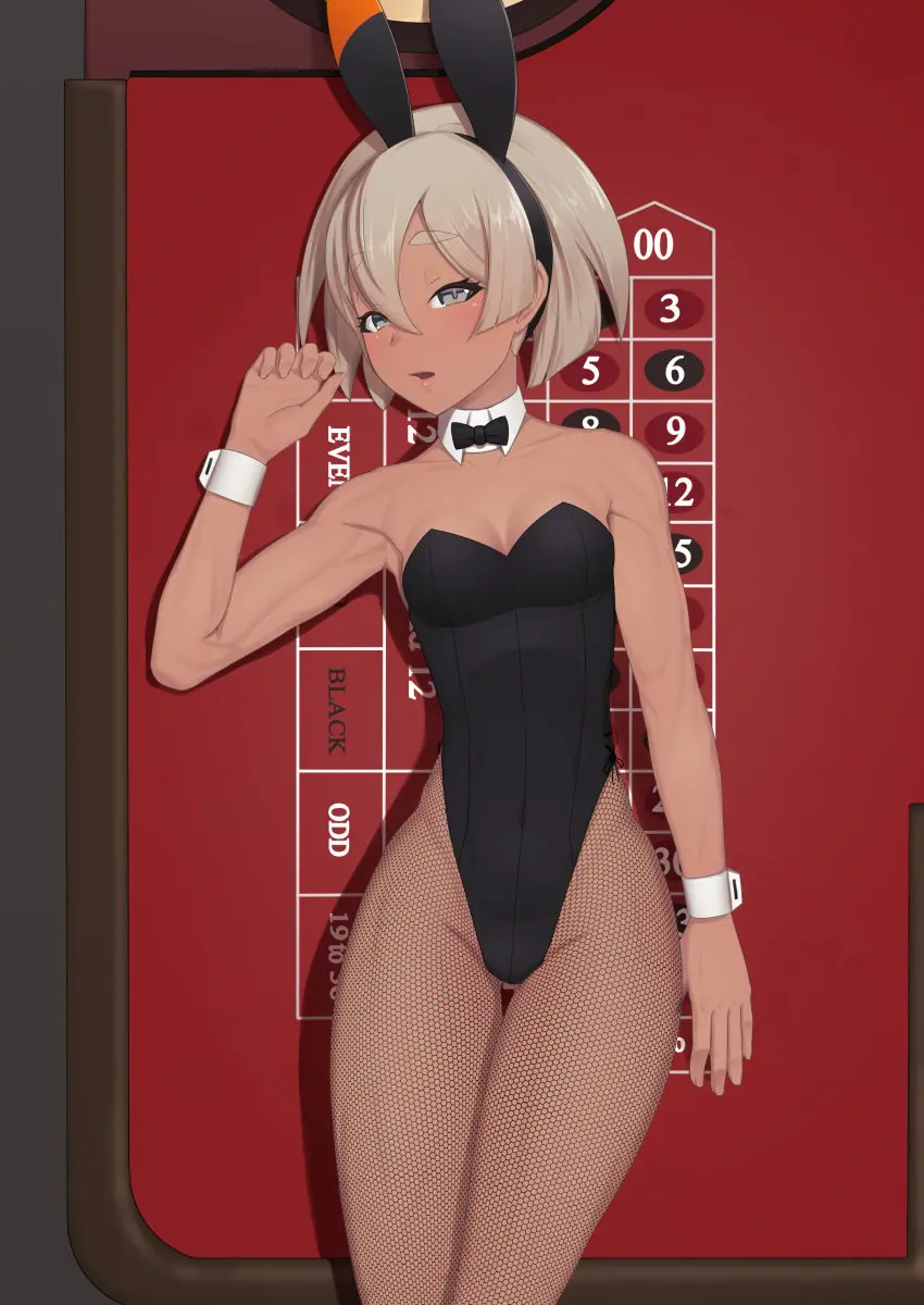 Image 1girls,bow,breasts,female,grey_hair,looking_at_viewer,blue_eyes,pokemon,short_hair,small_breasts,dark_skin,tan_skin,cleavage,hairband,tan-skinned_female,tan_body,on_table,poker_table,tanned_skin,tanned,rabbit_ears,dark-skinned_female,nintendo,detached_collar,fishnets,playboy_bunny,leotard,fake_animal_ears,highleg,highleg_leotard,strapless,strapless_leotard,table,pantyhose,cover,bowtie,black_hairband,black_bow,pokemon_ss,black_bowtie,black_leotard,cover_page,tan,fishnet_pantyhose,gym_leader,bea_(pokemon),putcher