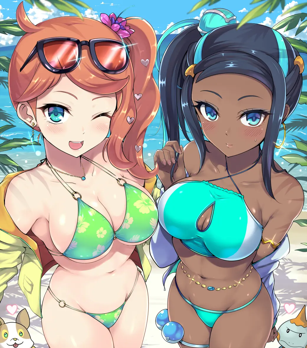 Image breasts,female,female_only,large_breasts,looking_at_viewer,2girls,black_hair,blue_eyes,multiple_girls,navel,pokemon,pokemon_(species),bikini,earrings,hoop_earrings,ponytail,beach,water,ocean,sky,midriff,orange_hair,sunglasses_on_head,swimsuit,necklace,nintendo,jacket,streaked_hair,hair_flower,eyeshadow,makeup,blue_bikini,blue_swimsuit,side_ponytail,nessa_(pokemon),outside,o-ring,thigh_strap,sunglasses,green_bikini,clouds,armband,pokemon_ss,sonia_(pokemon),palm_tree,blue_jacket,yellow_jacket,o-ring_bikini,blue_streak,green_swimsuit,o-ring_swimsuit,heart_hair_ornament,kasai_shin,belly_chain,chewtle,dive_ball,pokeballs,yamper