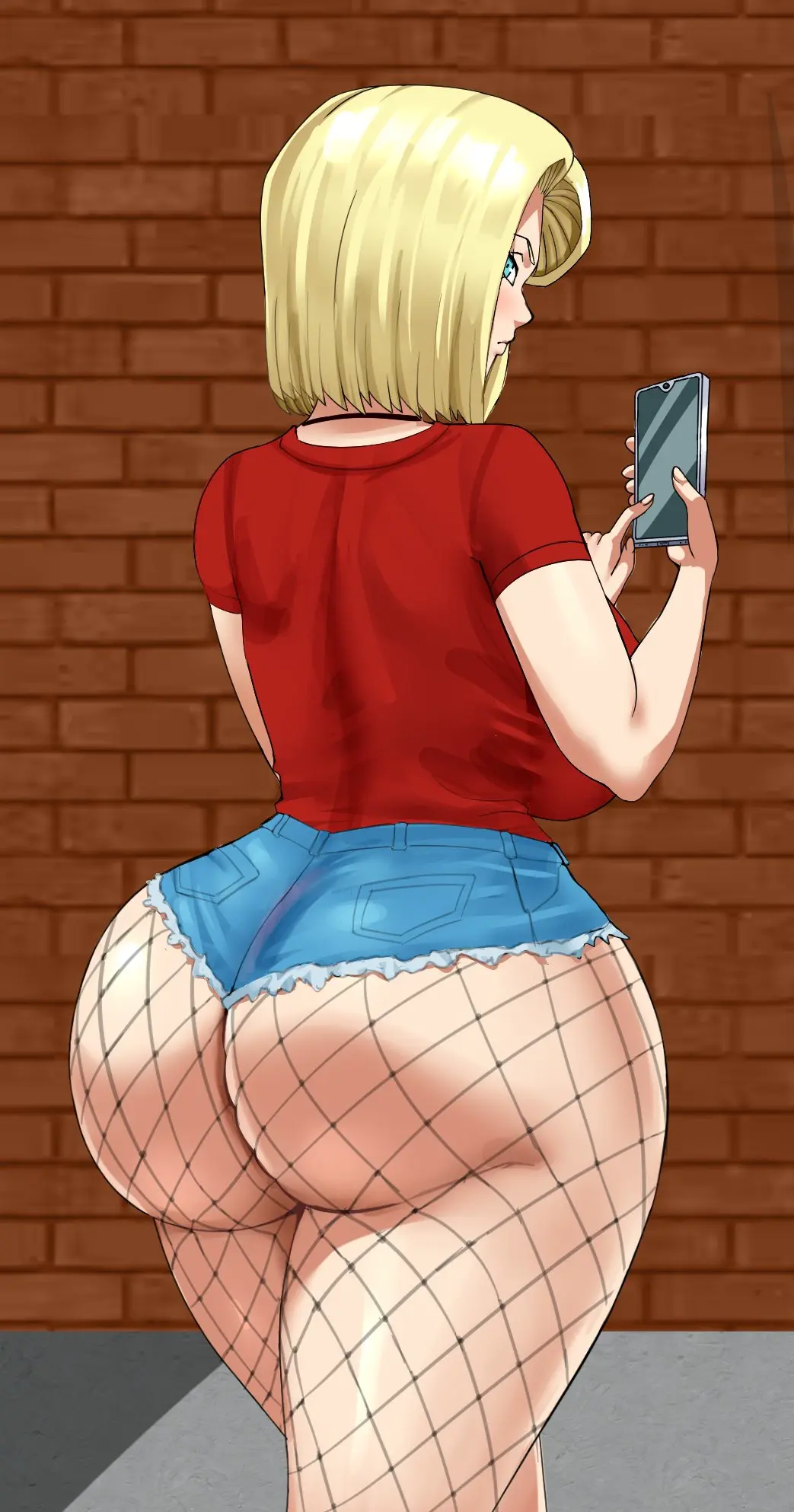 Image 1girls,breasts,female,female_only,large_breasts,light-skinned_female,light_skin,looking_at_viewer,solo,blue_eyes,ass,wide_hips,blonde_hair,android_18,dragon_ball,dragon_ball_z,large_ass,pinkpawg