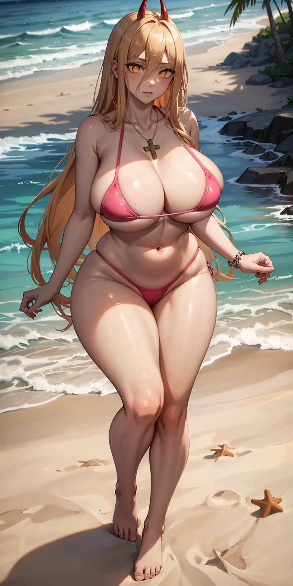 Image breasts,female,long_hair,looking_at_viewer,yellow_eyes,bikini,beach,horns,ai_generated,yellow_hair,mommy,chainsaw_man,power_(chainsaw_man)