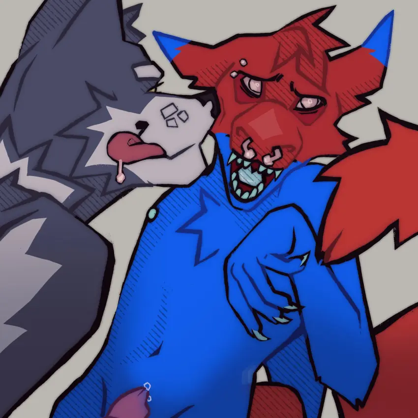 Image hi_res,nipples,male,penis,tail,tongue_out,tongue,male/male,looking_away,saliva_string,anthro,piercing,looking_pleasured,saliva,genital_fluids,bodily_fluids,genitals,precum,1:1,eyebrow_piercing,nose_piercing,facial_piercing,colored_teeth,staring_into_eyes,tr2nny
