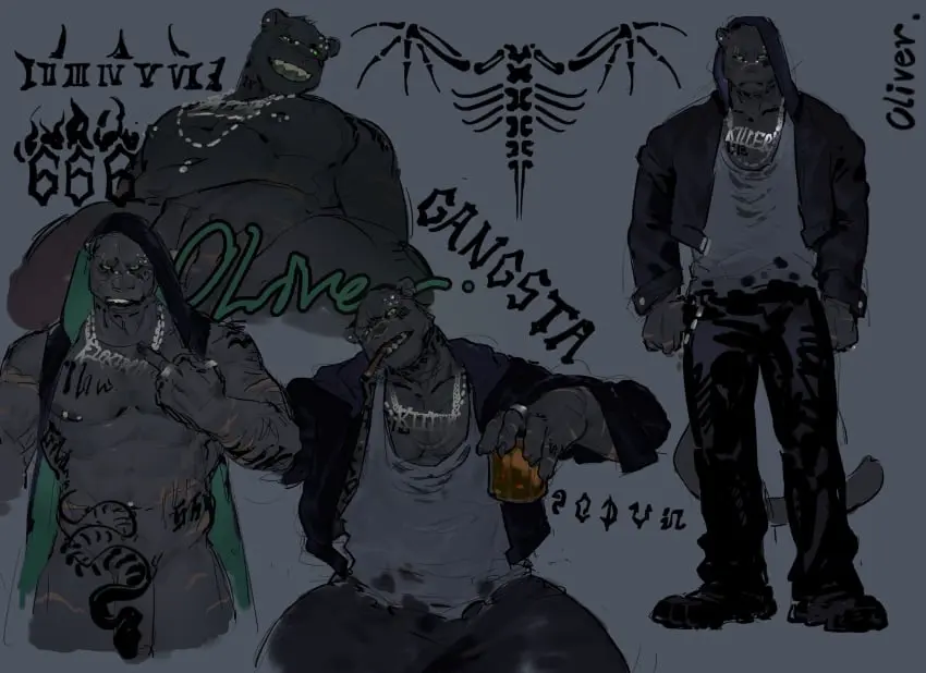 Image clothed,clothing,hi_res,nipples,pants,shirt,solo,standing,male,penis,jewelry,tattoo,anthro,piercing,green_eyes,necklace,footwear,fur,genitals,holding_object,low-angle_view,mammal,black_body,ear_piercing,jacket,chest_tattoo,leg_tattoo,2024,nipple_piercing,scar,tank_top,topwear,gesture,hand_gesture,middle_finger,felid,black_sclera,torn_clothing,grey_clothing,black_fur,pantherine,black_clothing,black_footwear,bottomwear,black_shoes,black_bottomwear,black_pants,barbell_piercing,beverage,container,cup,pantsless,shirtless,black_topwear,black_jacket,character_name,alcohol,arm_scar,hand_scar,glass,glass_container,glass_cup,object_in_mouth,ear_stud,torn_shirt,torn_topwear,cigar,drinking_glass,whiskey,whiskey_glass,ring_(jewelry),grey_shirt,nipple_barbell,cigar_in_mouth,grey_topwear,penis_tattoo,abdominal_tattoo,grey_tank_top,holding_glass,leg_scar,genital_tattoo,3think,abdominal_scar,eyebrow_stud,gangster,oliver_(3think)
