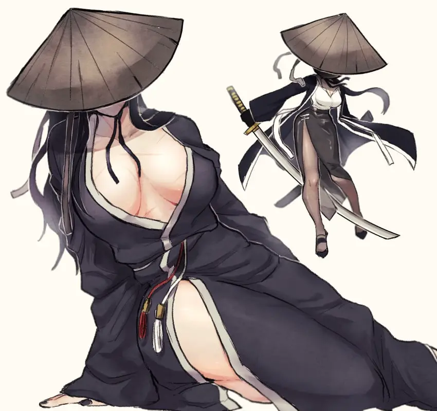 Image 1girls,big_breasts,breasts,clothing,female,long_hair,open_clothes,black_hair,hat,thighs,cleavage,sitting,scar,kimono,painted_nails,rule_63,project_moon,limbus_company,bamboo-hatted_kim_(library_of_ruina)