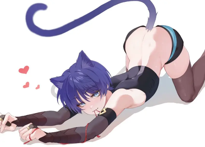 Image clothed,male,ass,cat_ears,femboy,cat_tail,genshin_impact,cute,arched_back,catboy,scaramouche_(genshin_impact),chobonu,non_sexual