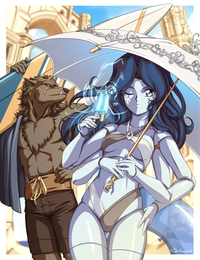 Image breasts,highres,long_hair,blue_hair,male,navel,furry,sky,artist_name,cleavage,anthro,medium_breasts,one_eye_closed,outdoors,canid,canine,grey_fur,wolf,fangs,holding,black_shorts,shorts,abs,scar,blue_sky,halterneck,sunlight,1990s_(style),furry_male,commentary,english_commentary,doll,food,multi_arm,multi_limb,retro_artstyle,scar_across_eye,umbrella,cracked_skin,elden_ring,popsicle,surfboard,holding_food,holding_popsicle,blaidd_(elden_ring),ranni_the_witch,holding_umbrella,sirknightbot,arch,holding_surfboard,miniature_ranni,multi_face