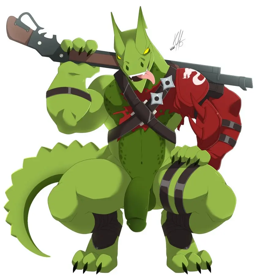 Image solo,1boy,male,penis,tail,tongue_out,muscular,muscular_male,male_only,anthro,fortnite,claws,pecs,squatting,foreskin,uncircumcised,retracted_foreskin,green_body,reptile,scalie,weapon,spikes,armor,muscular_thighs,hybrid_(fortnite),shotgun,kobyyamachi