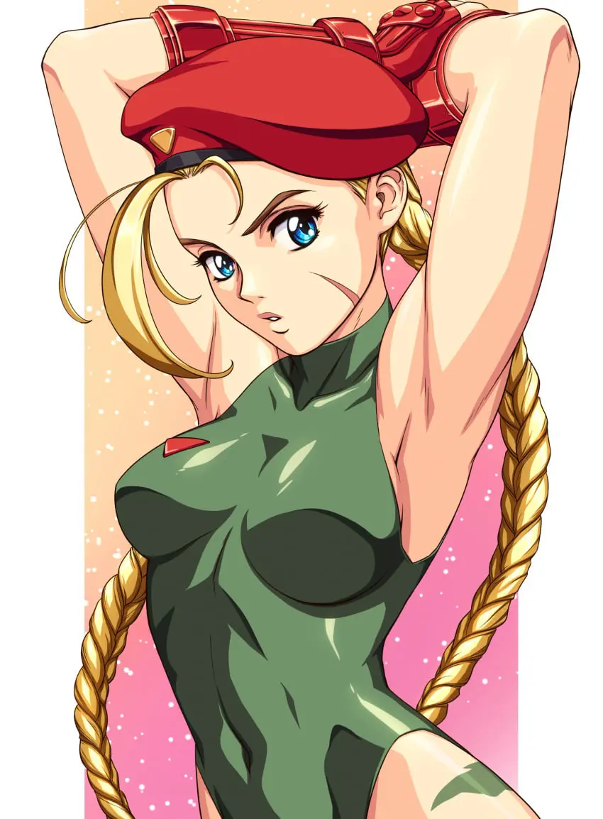 Image breasts,female,highres,large_breasts,looking_at_viewer,solo,absurdres,blue_eyes,gloves,arms_behind_head,arms_up,blonde_hair,braid,twintails,closed_mouth,upper_body,fingerless_gloves,leotard,1990s_(style),twin_braids,green_leotard,red_gloves,street_fighter,street_fighter_6,cammy_white,red_headwear,retro_artstyle,sirknightbot