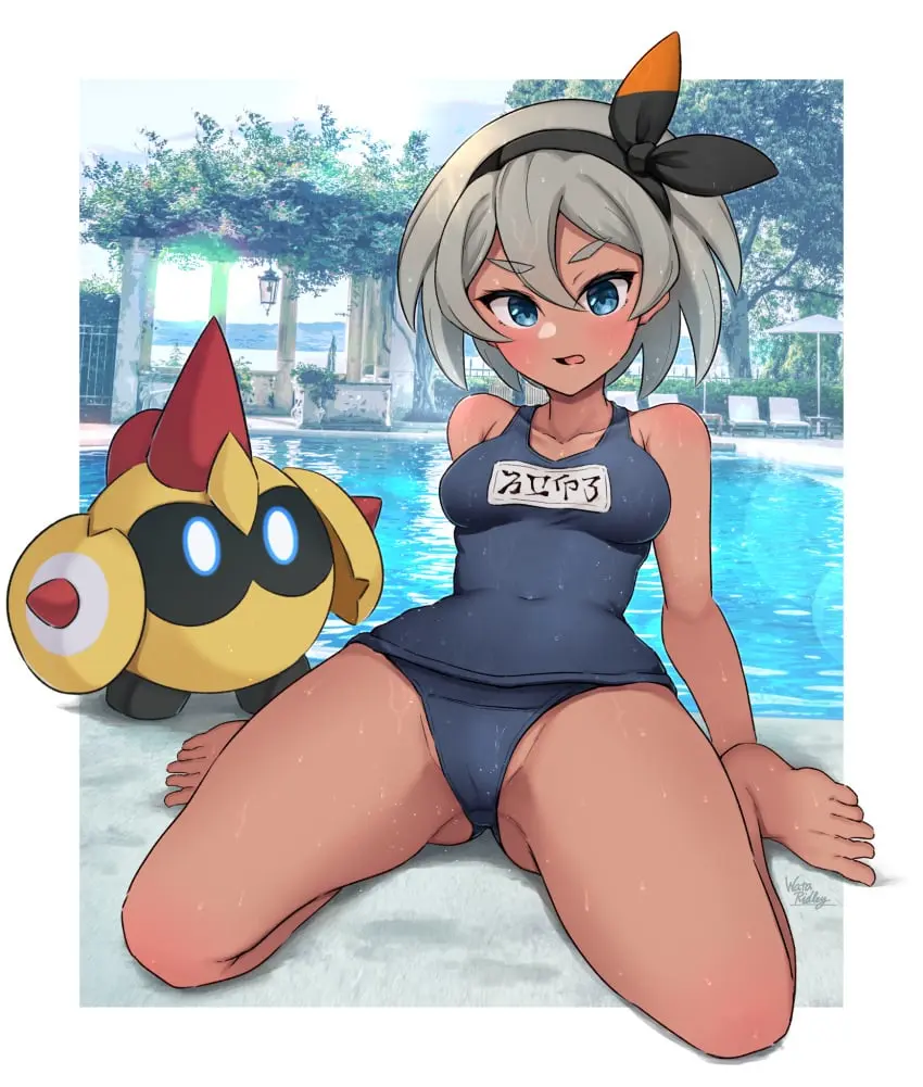 Image 1girls,breasts,female,grey_hair,looking_at_viewer,blue_eyes,pokemon,pokemon_(species),short_hair,water,sky,tan_skin,hairband,tan-skinned_female,tan_body,medium_breasts,swimsuit,tanned_skin,tanned,nintendo,covered_navel,blue_swimsuit,outside,pool,pokémon_(species),blue_one-piece_swimsuit,school_swimsuit,pokemon_ss,tan,bea_(pokemon),trees,one_piece_swimsuit,falinks,wata_ridley