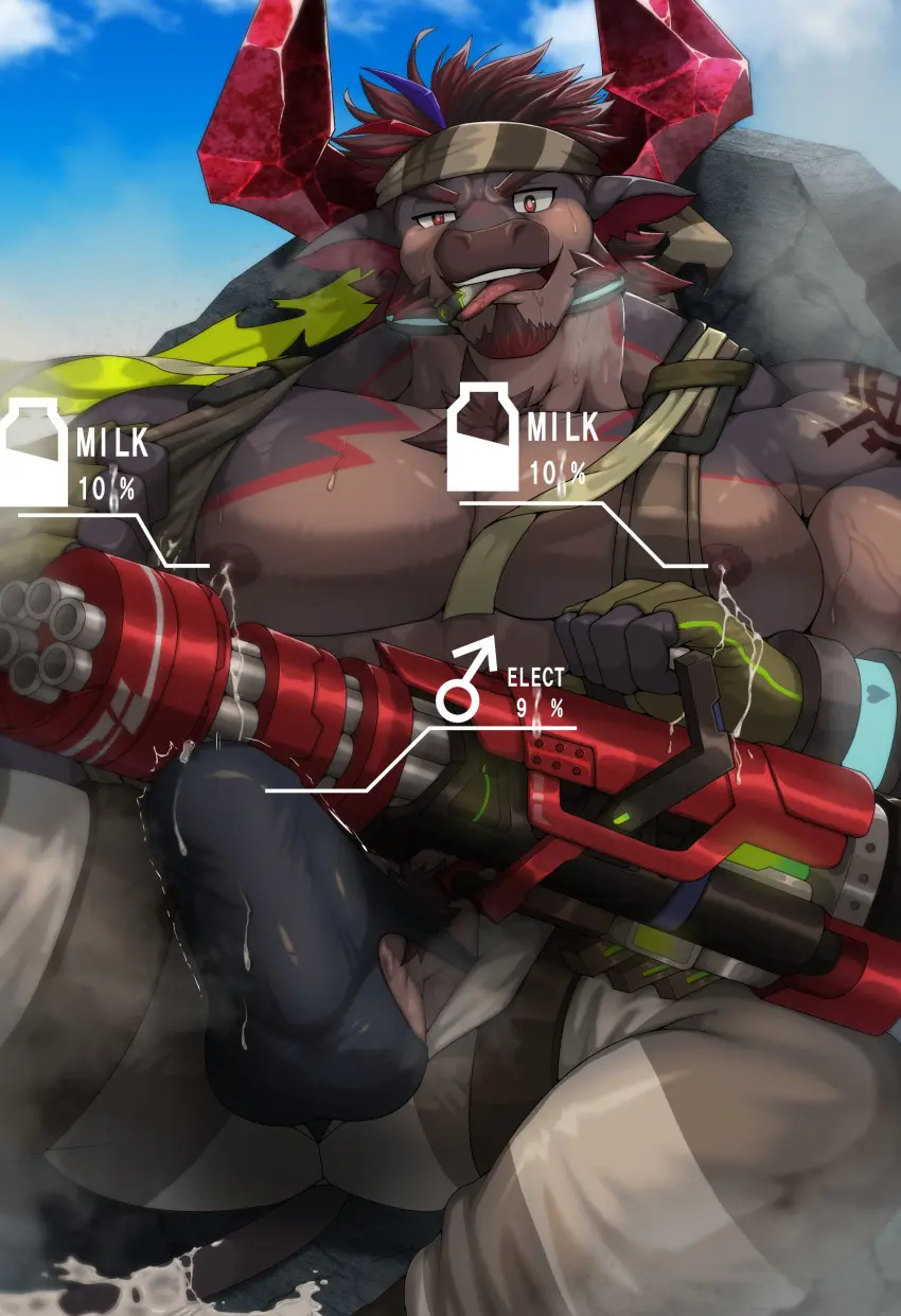 Image clothing,hi_res,solo,male,penis,sweat,erection,muscular,muscular_male,accessory,headband,balls,anthro,absurd_res,lactating,bodily_fluids,fur,genitals,mammal,muscular_anthro,horn,weapon,brown_fur,bovid,bovine,brown_body,pubes,erection_under_clothing,ranged_weapon,lifewonders,gun,musk,musk_clouds,cattle,live_a_hero,obsidius,male_lactation,penis_base,minigun,machine_gun,gatling_gun,sansaka_saku