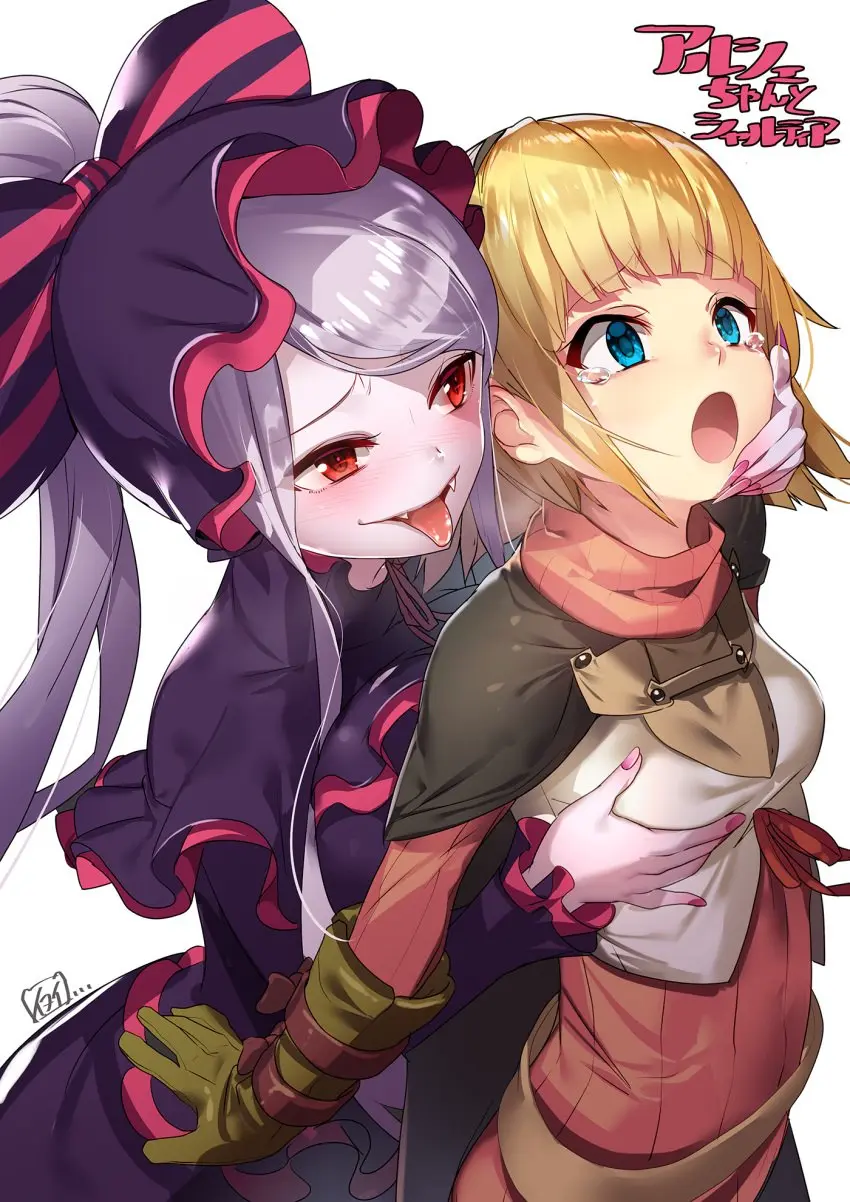 Image blush,bow,breasts,female,hairbow,highres,long_hair,long_sleeves,open_mouth,red_eyes,simple_background,white_background,2girls,blue_eyes,gloves,multiple_girls,short_hair,tongue_out,tongue,female_focus,small_breasts,ponytail,eyelashes,blonde_hair,from_above,dress,pale_skin,looking_at_another,upper_body,ribbon,fangs,tears,fingernails,overlord_(maruyama),neck_ribbon,red_ribbon,striped,frills,frilled_sleeves,lolita_fashion,gothic_lolita,frilled_dress,striped_bow,light_purple_hair,shalltear_bloodfallen,arche_eeb_rile_furt,yamacchi