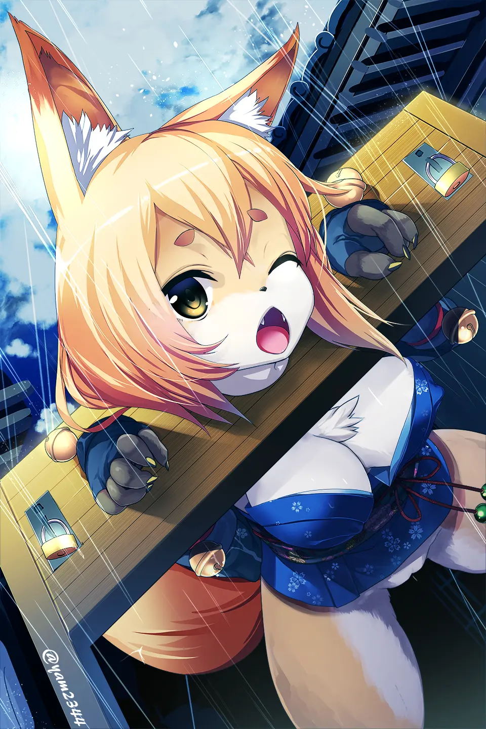 Image breasts,female,highres,long_hair,no_bra,open_mouth,solo,animal_ears,gloves,pussy,tail,furry,dutch_angle,sky,cleavage,furry_female,blonde_hair,green_eyes,original,cute,bent_over,restrained,claws,fangs,bottomless,fox_ears,wince,fingerless_gloves,signature,kimono,yukata,bell,rain,jingle_bell,stationary_restraints,japanese_clothes,covered_erect_nipples,short_kimono,kawaii,adorable,lock,padlock,pillory,yamacchi,short_yukata