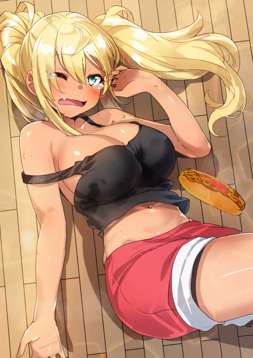 Image 1girls,blush,breasts,female,highres,large_breasts,long_hair,looking_at_viewer,no_bra,open_mouth,shirt,solo,navel,sidelocks,sweat,lying,on_back,dark_skin,bare_shoulders,cleavage,midriff,blonde_hair,green_eyes,one_eye_closed,dark-skinned_female,twintails,sleeveless,sleeveless_shirt,commentary_request,strap_slip,oerba_yun_fang,stomach,shorts,tears,tank_top,black_shirt,bare_arms,short_shorts,wooden_floor,gyaru,hand_up,red_shorts,yamacchi,dumbbell_nan_kilo_moteru?,gal,gyaru_gal,kuro_gyaru,sakura_hibiki,yakisoba,yakisobapan