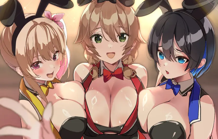 Image blush,bow,breasts,female,hair_ornament,highres,large_breasts,looking_at_viewer,open_mouth,animal_ears,black_hair,blue_eyes,multiple_girls,short_hair,gradient_hair,multicolored_hair,cleavage,blonde_hair,green_eyes,pink_eyes,brown_hair,rabbit_ears,braid,skirt,breast_press,two-tone_hair,flower,hair_flower,side_ponytail,necktie,3girls,fake_animal_ears,twin_braids,bowtie,vest,yellow_skirt,buttons,bunny_garden,kana_(bunny_garden),yellow_bow,rin_(bunny_garden),double-breasted,yellow_bowtie,miuka_(bunny_garden),yamacchi