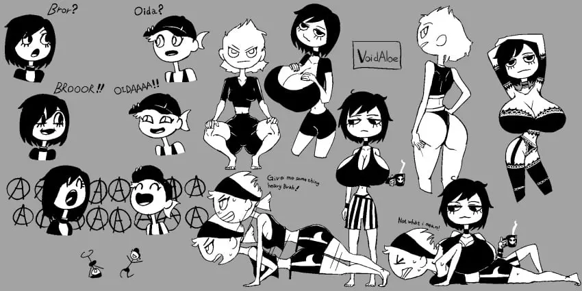 Image female,female_only,2girls,multiple_girls,panties,eyelashes,lingerie,multiple_views,tank_top,goth,goth_girl,anarchy_symbol,hand_on_breast,exercise,tequila_(void_aloe),void_aloe,push-up