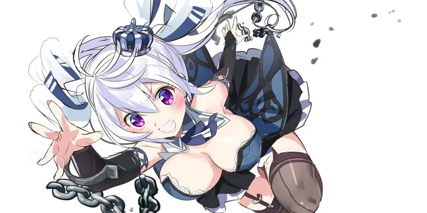 Image breasts,female,large_breasts,long_hair,simple_background,smile,solo,white_background,white_hair,teeth,dress,purple_eyes,detached_collar,strapless,cuffs,crown,shackles,bridal_gauntlets,garter_straps,lace_trim,lace,strapless_dress,strappy_heels,mini_crown,yamacchi,lace-trimmed_dress,prison_princess