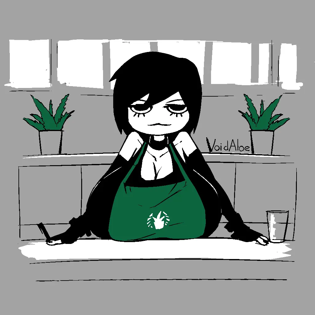 Image 1girls,big_breasts,breasts,female,black_hair,cleavage,eyelashes,apron,goth,iced_latte_with_breast_milk,tequila_(void_aloe),void_aloe
