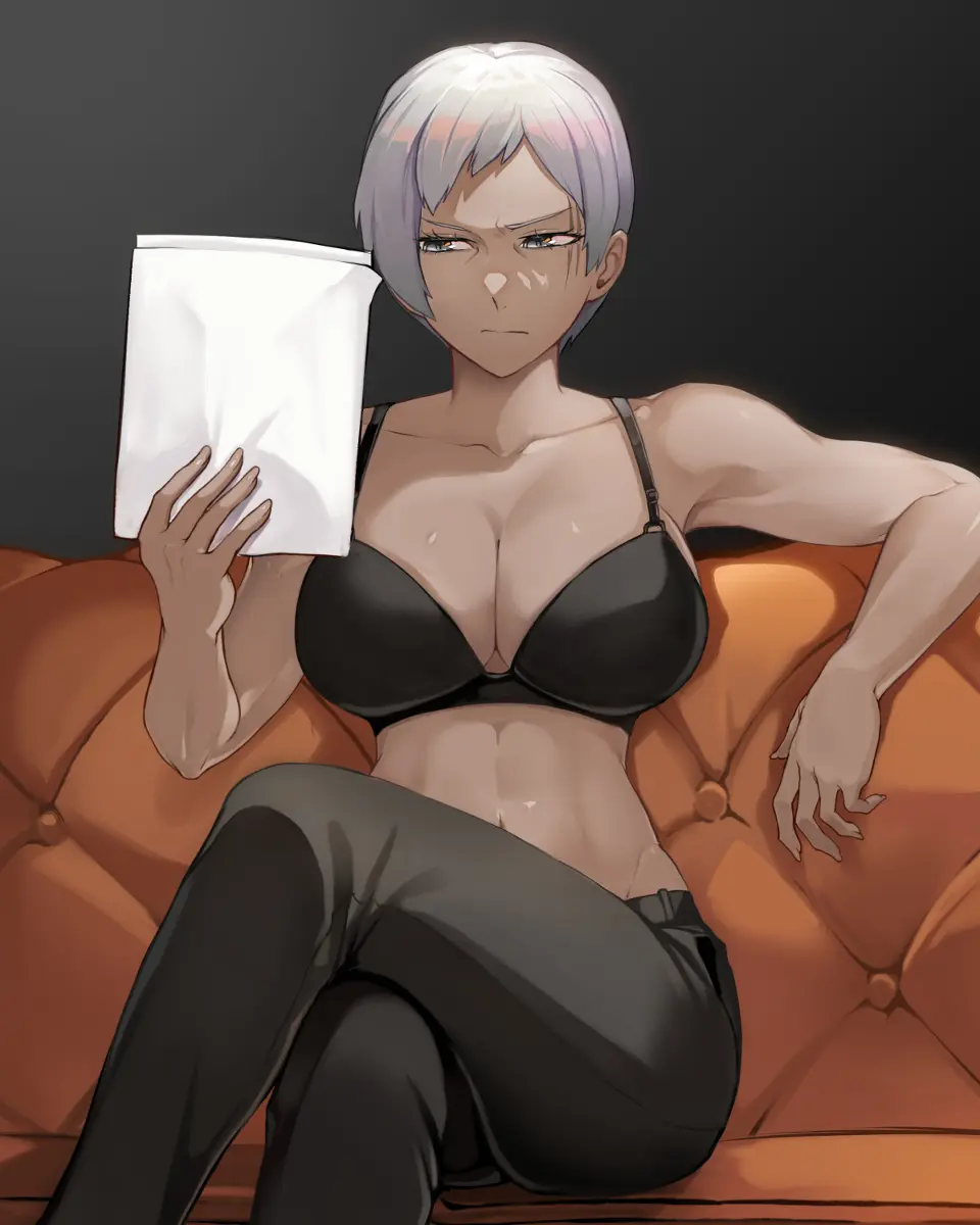 Image 1girls,big_breasts,breasts,clothing,female,grey_hair,short_hair,bra,underwear,dark_skin,sitting,reading,library_of_ruina,project_moon,nikolai_(library_of_ruina)