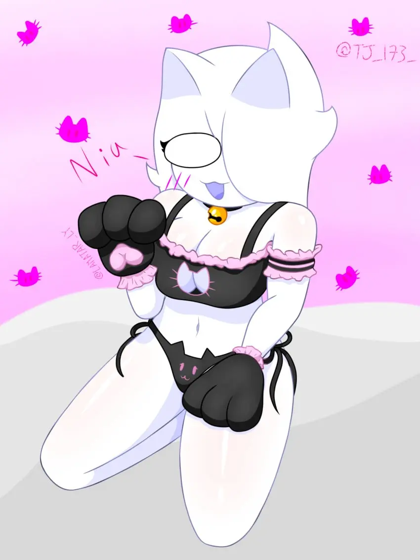 Image 1girls,big_breasts,breasts,female,simple_background,white_hair,big_ass,big_butt,white_skin,cat_ears,text,tagme,cat_tail,white_body,blush_lines,simple_shading,almost_naked,white_eyes,cat_lingerie,cat_paws,lamatar_ly,tj_173,wiku_(lamatar_ly)