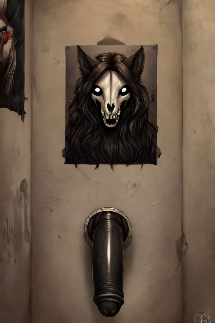 Image penis, furry, futanari, intersex, ai_generated, anthro, canine, canis, wolf, scp-1471, scp-1471-a, scp_foundation, wolf_girl, black_penis, black_fur, white_eyes, presenting_penis, poster, glory_hole, futa_anthro, behind_wall, black_wolf, scarlethblood