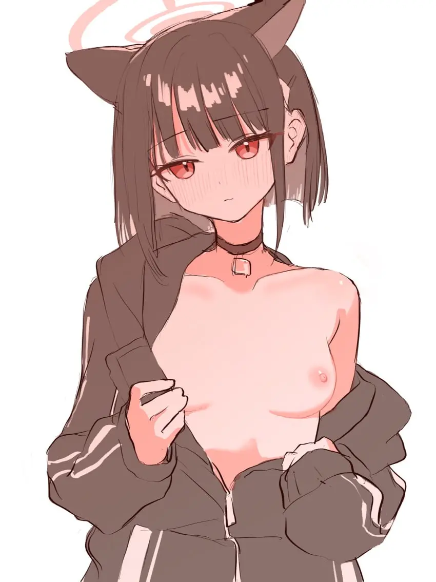 Image blush,breasts,breasts_out,cowboy_shot,female,hair_ornament,highres,looking_at_viewer,nipples,no_bra,open_clothes,red_eyes,solo,absurdres,animal_ears,black_hair,short_hair,blue_archive,choker,small_breasts,cat_ears,collarbone,hairclip,halo,collar,closed_mouth,upper_body,black_choker,jacket,undressing,pink_halo,trinity_general_school_student,open_jacket,bob_cut,multi_ear,belt_collar,after-school_sweets_club_(blue_archive),kazusa_(blue_archive),partially_unzipped,dot_nose,partially_undressed,single_off_shoulder,nou_ka